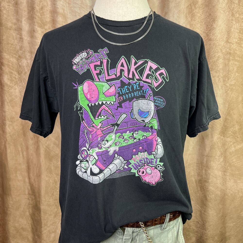 Invader Zim T-Shirt Invader Flakes Graphic Tee Black Short Sleeve Cartoon Scene